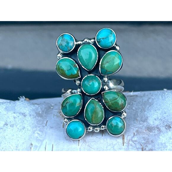 Sterling Silver NATIVE Style Turquoise Cluster Ring Adj 6-9 Large SW Statement - Picture 2 of 9